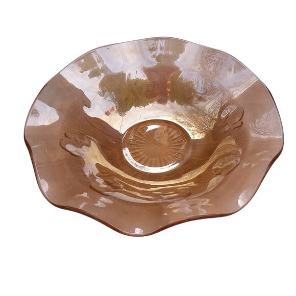 Vintage Jeanette Iris & Herringbone Marigold Carnival Glass Ruffle Edge Bowl - Picture 6 of 8